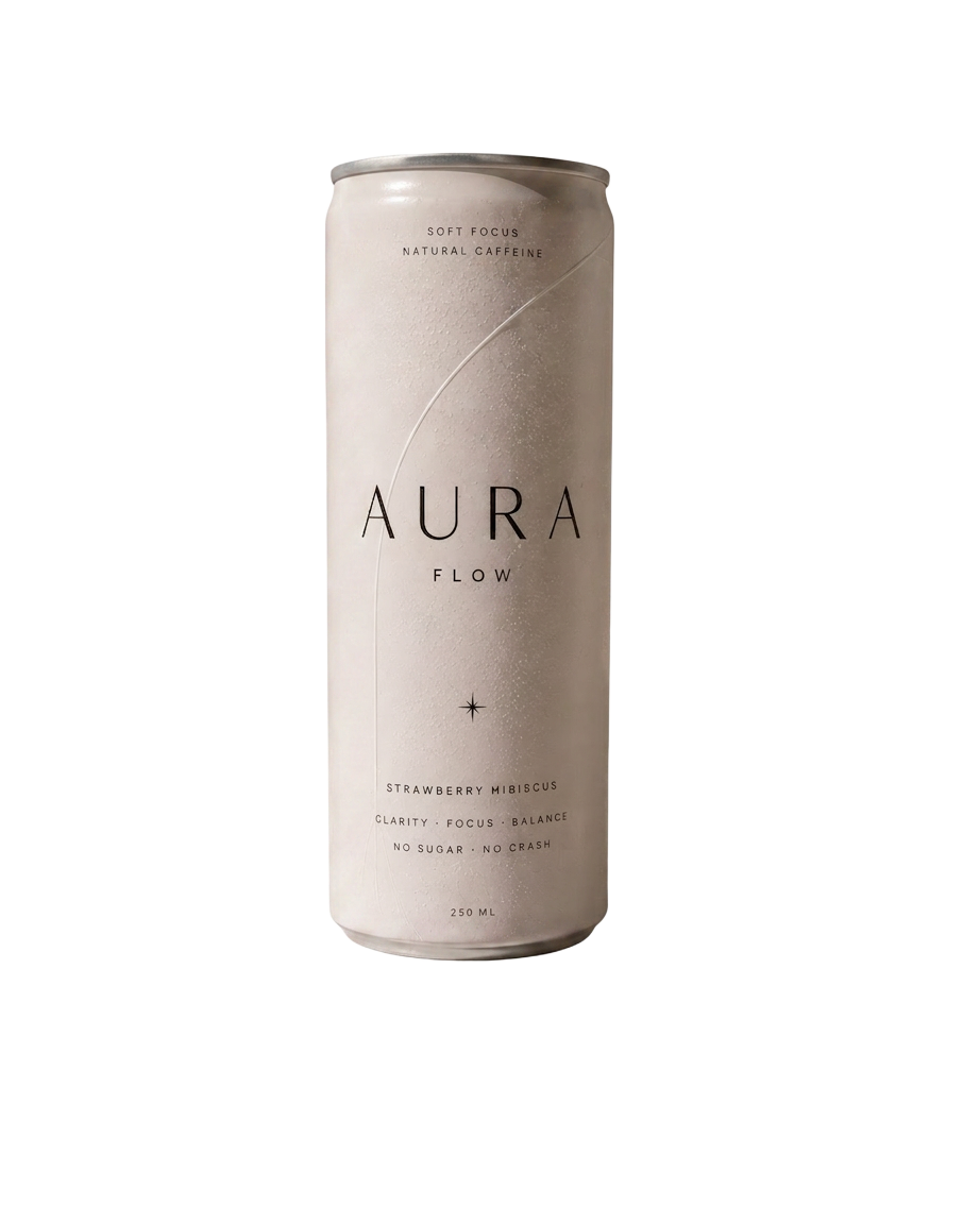 AURA FLOW can — Scandinavian soft energy drink, white peach, 250 ml